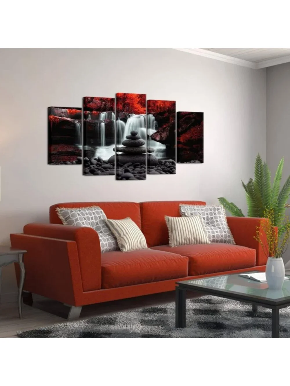 Zen Stones Waterfall Wall Art - Red Trees Landscape Canvas Print for Living Room